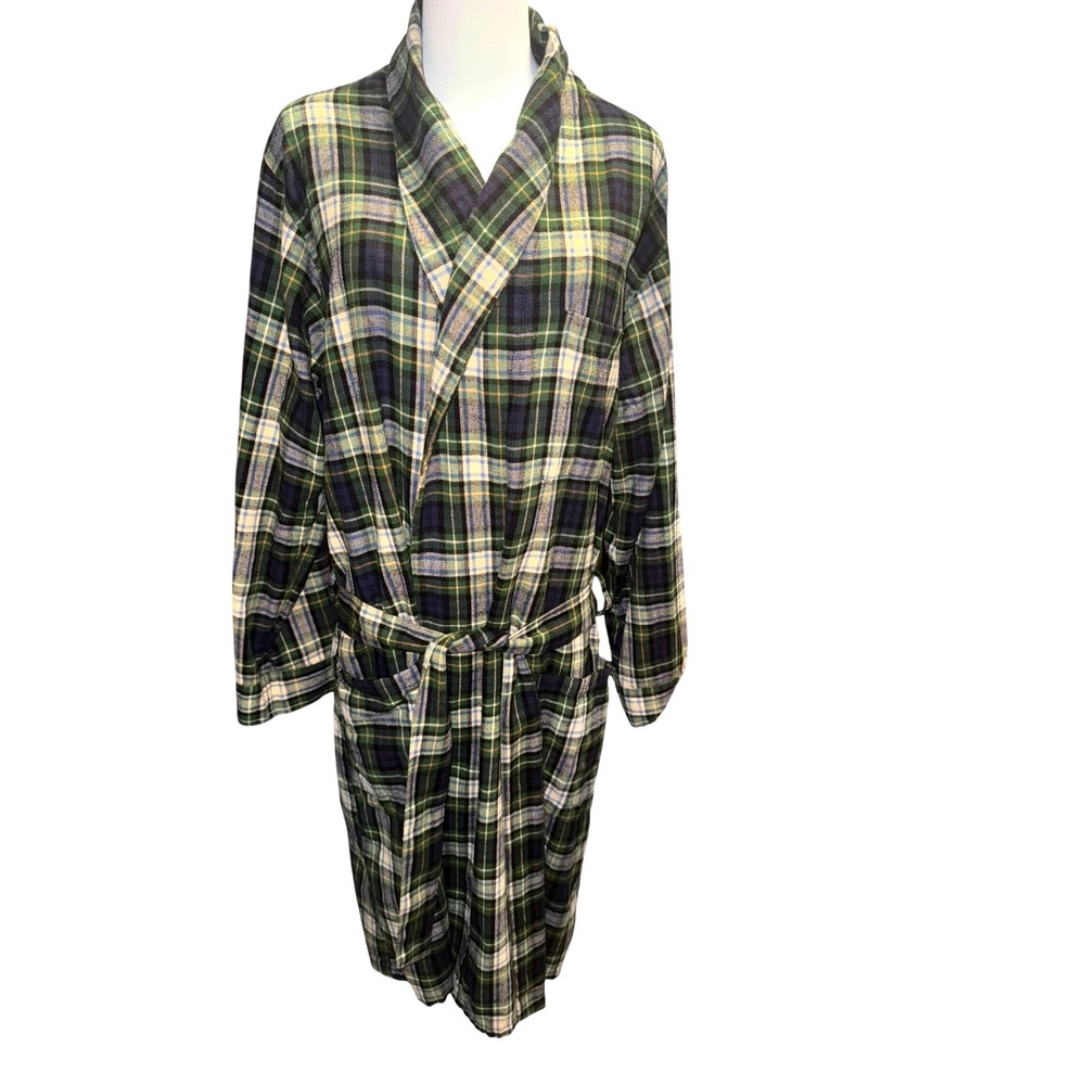 LL Bean Mens‎ Plaid Flannel Robe Green Navy Yellow Cotton Shawl Collar Small